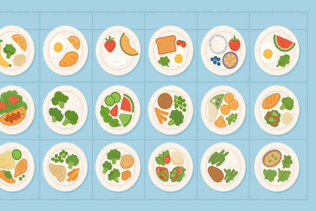 Visual 7 day meal plan for kidney disease showing three symbolic plates per day with kidney-friendly foods on a calendar-style background