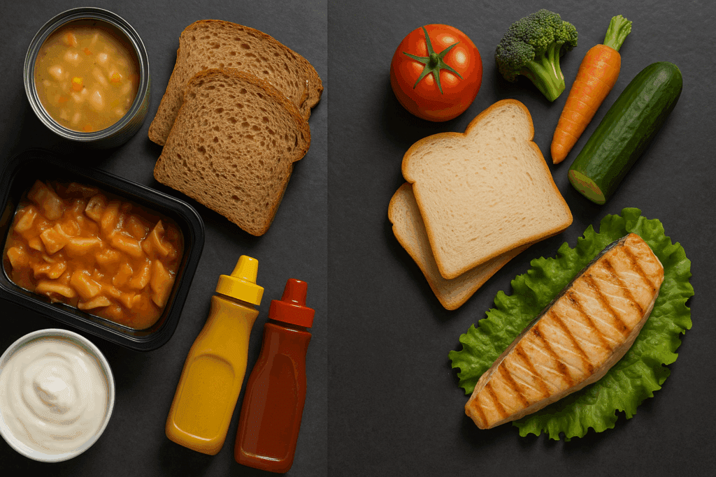 Visual contrast of common renal diet pitfalls and healthy choices for a 7 day meal plan for kidney disease, featuring processed foods and kidney-friendly options like fresh vegetables and grilled fish.