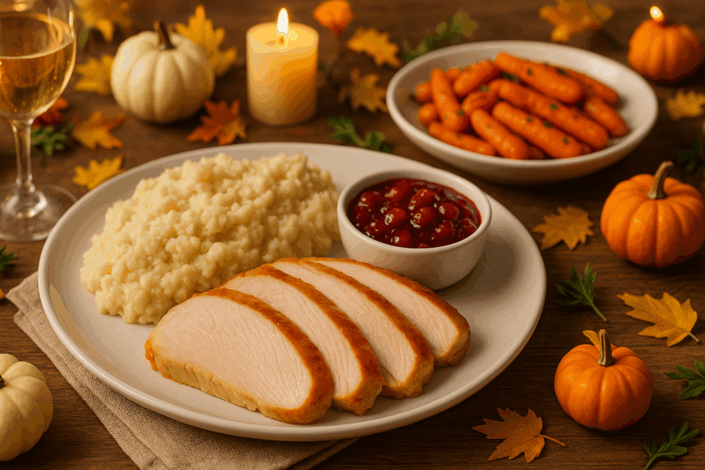 Festive dinner plate from a 7 day meal plan for kidney disease featuring mashed cauliflower, skinless turkey breast, and low-sugar cranberry sauce.