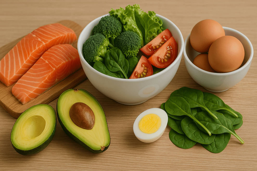A high-resolution digital photograph presents an assortment of fresh low-carb foods on a wooden surface, including raw salmon fillets, halved avocado, hard-boiled egg, whole eggs in a bowl, spinach leaves, broccoli, lettuce, and sliced tomatoes arranged in a white bowl. The composition highlights colorful, nutritious ingredients ideal for a beginner low-carb diet.