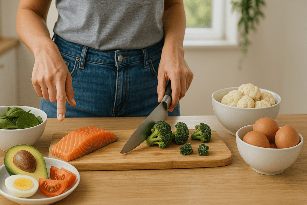 A high-resolution digital photograph captures a person in a casual kitchen setting preparing a low-carb meal. The individual is slicing fresh broccoli on a wooden cutting board next to a fillet of salmon, with surrounding ingredients like spinach, avocado, tomato, hard-boiled egg, cauliflower, and whole eggs neatly arranged in bowls on a wooden countertop, illuminated by soft natural light.