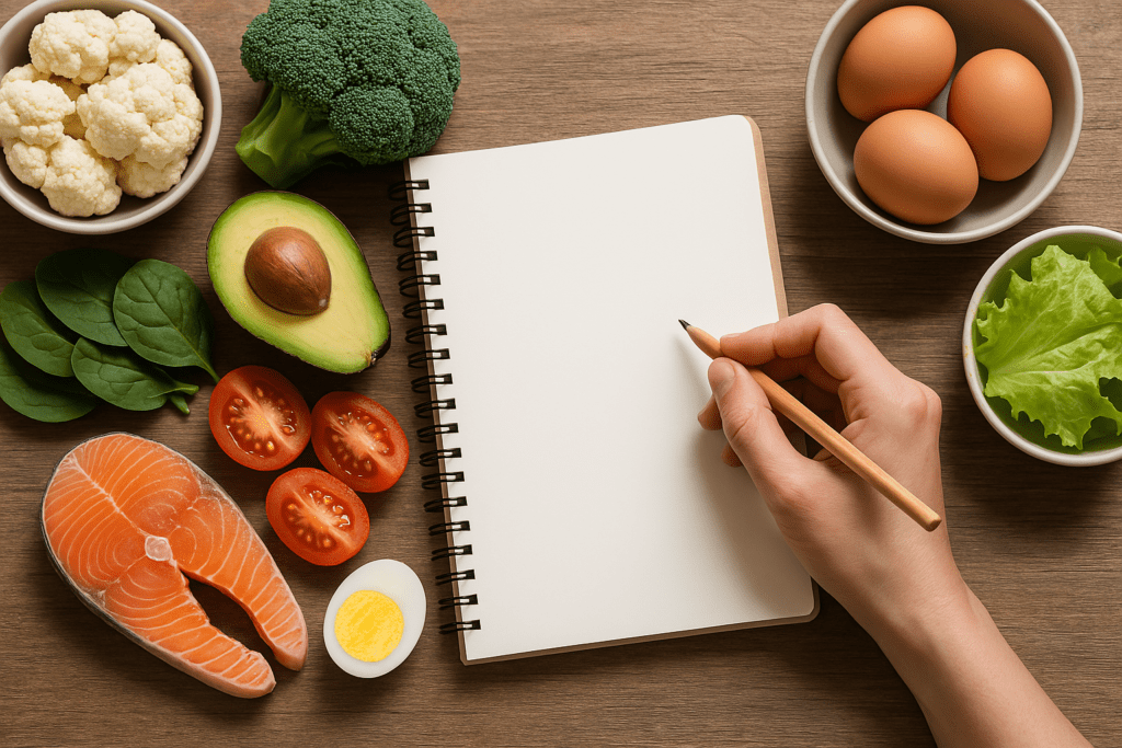 A high-resolution photograph of low-carb ingredients and a notebook on a rustic wooden table. Fresh foods like cauliflower, broccoli, avocado, salmon, spinach, tomatoes, lettuce, hard-boiled egg, and whole eggs surround an open spiral notebook, with a hand holding a pencil poised to write—symbolizing low-carb meal planning for beginners.