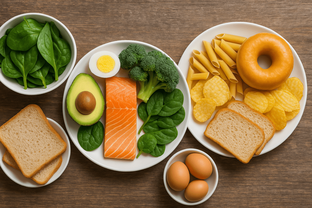 A high-resolution digital photograph showcases an overhead comparison of low-carb versus high-carb foods on a rustic wooden surface. On the left, fresh ingredients like salmon, spinach, avocado, broccoli, and a boiled egg are neatly arranged, while the right side displays high-carb foods including a donut, potato chips, uncooked pasta, and sliced bread—highlighting the visual contrast in a beginner low-carb diet.