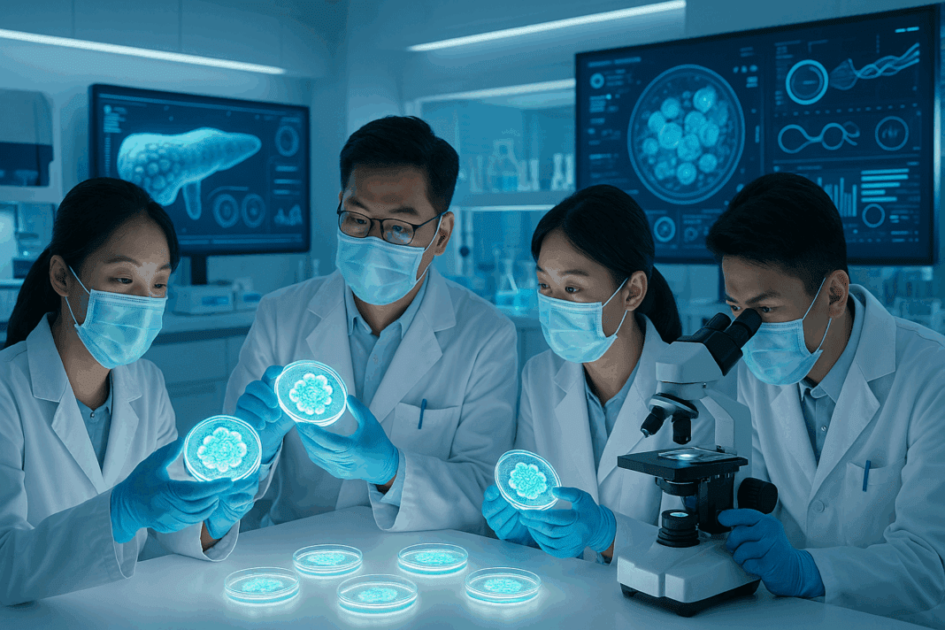 Scientists in a high-tech Chinese lab examine glowing petri dishes of insulin-producing cells, showcasing innovation in New Cell Therapy.