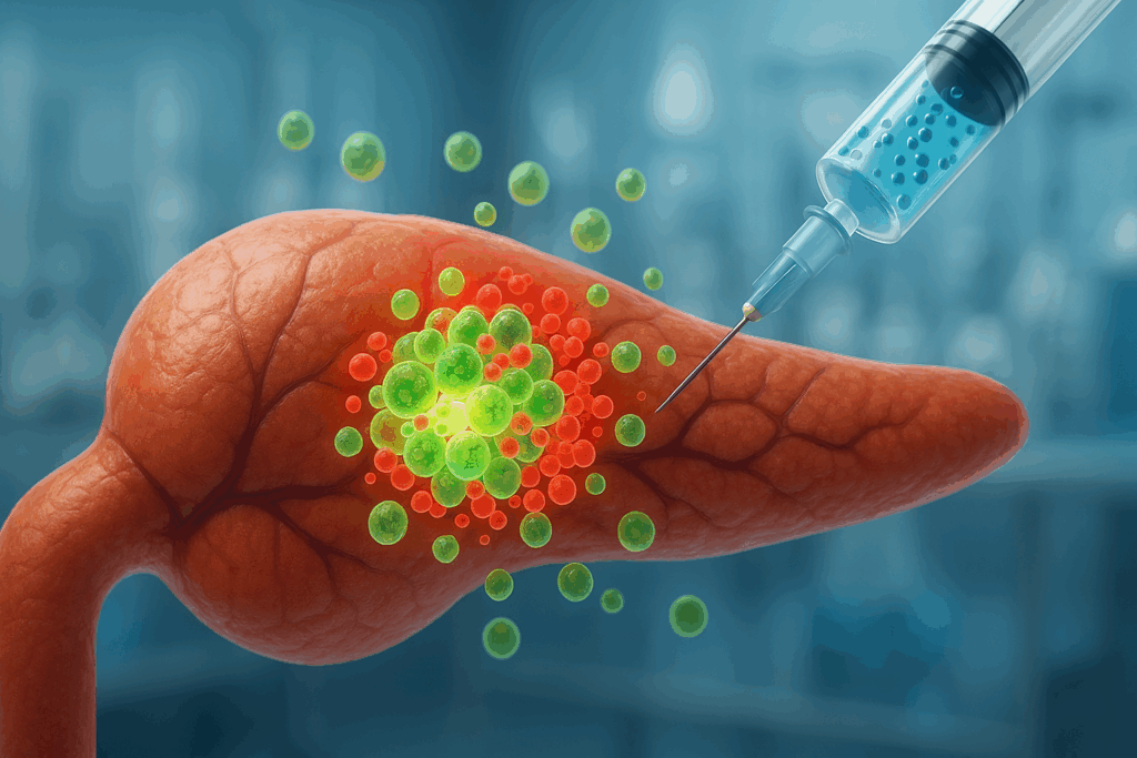 New Cell Therapy injection targeting the pancreas, stimulating regeneration of beta cells to enhance insulin production in a sterile lab environment.