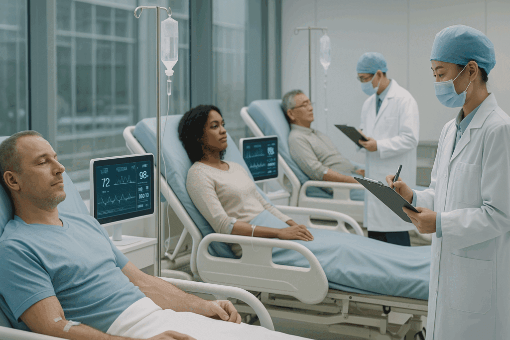 Patients receiving New Cell Therapy treatment in a modern clinical research facility, monitored by medical staff who observe biometric data on advanced digital screens.