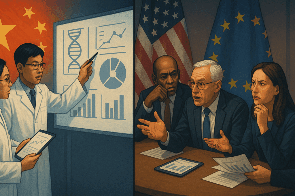 Split-screen illustration of Chinese scientists presenting data on New Cell Therapy while Western regulators debate research ethics around a roundtable.