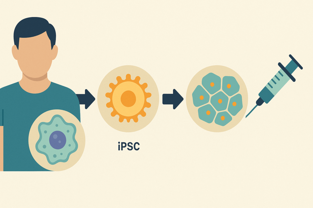 Step-by-step infographic depicting New Cell Therapy: transforming a patient's skin cell into an iPSC, differentiating into pancreatic cells, and reinjecting into the body