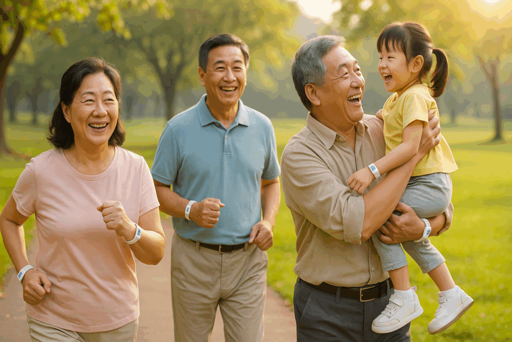 Smiling middle-aged Chinese adults wearing medical alert bracelets, walking and playing with a child in a sunny park, reflecting improved health from New Cell Therapy.
