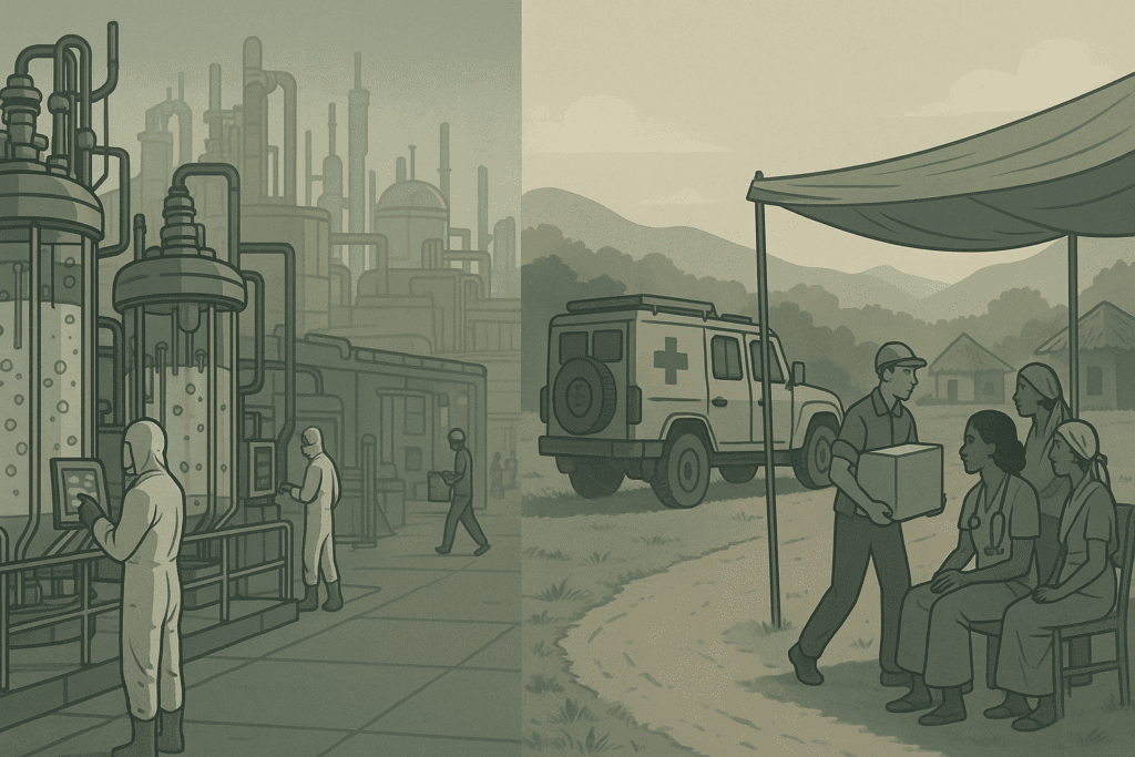 Dual-scene illustration contrasting a futuristic biotech facility producing New Cell Therapy treatments with rural medical outreach delivering them to underserved areas.