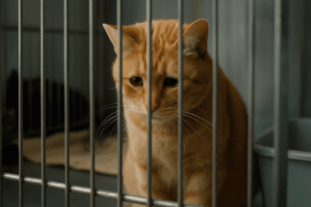 Sad shelter cat behind metal bars highlighting emotional toll of relinquishment linked to Scented Cat Litter issues