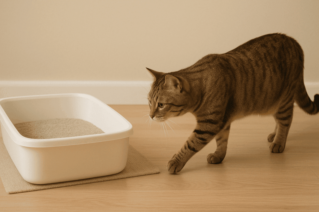 Tabby cat cautiously approaching an unscented litter box in a calm indoor setting, illustrating the need for scented cat litter to attract use.