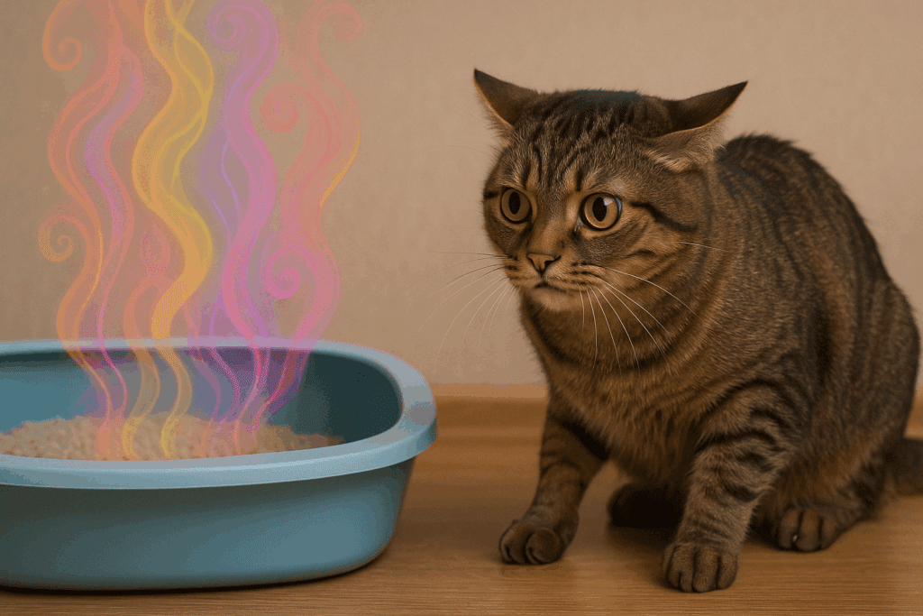 Stressed tabby cat crouching near a litter box emitting colorful fragrance vapors, reacting to strong Scented Cat Litter.