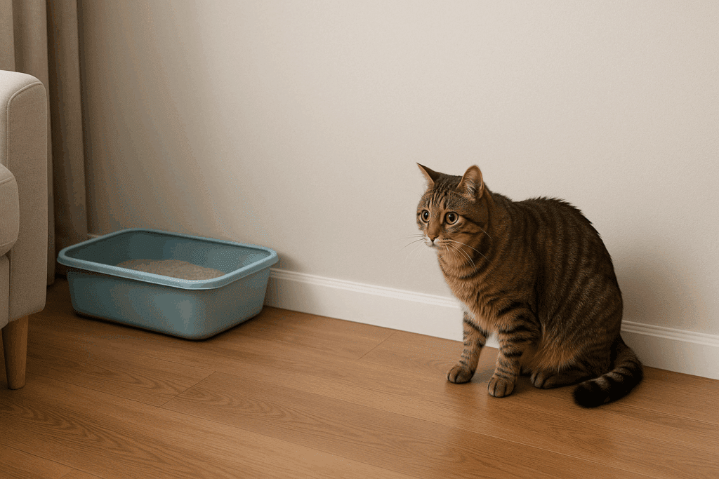 An anxious tabby cat crouching on a hardwood floor, hesitating to approach a corner litter box, illustrating potential issues with scented cat litter.