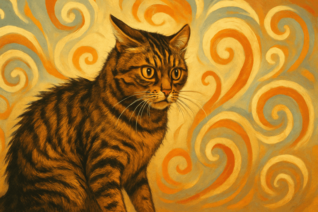 Tabby cat showing signs of agitation surrounded by swirling abstract scents, symbolizing reactions to Scented Cat Litter.