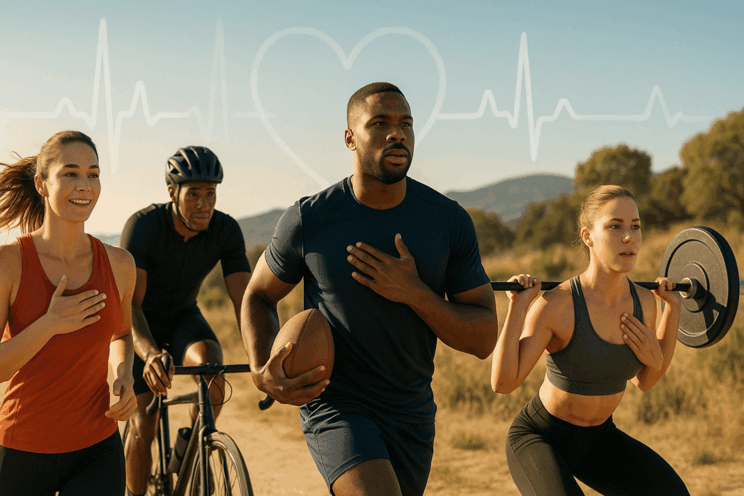 Diverse athletes warming up outdoors with heart rate graphics subtly overlaid, illustrating the question: Do athletes have different blood pressure.