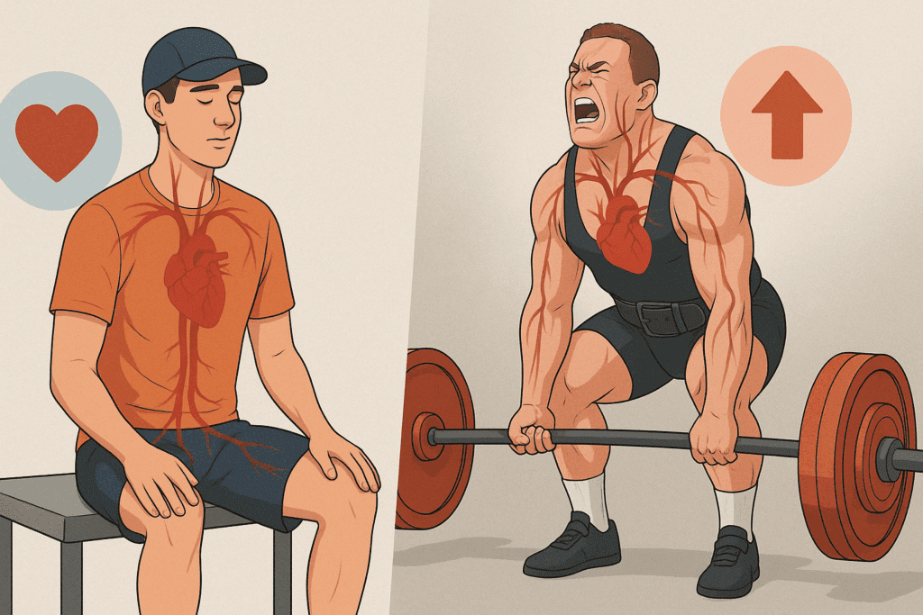 Side-by-side illustration comparing a resting endurance athlete and a powerlifter mid-lift to explore the question: do athletes have different blood pressure