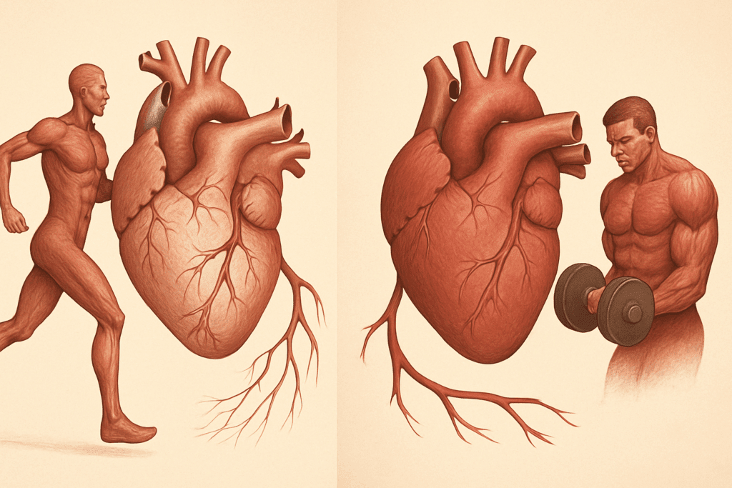 "Illustration comparing a runner’s flexible heart and arteries to a weightlifter’s heart under strain, addressing the question: do athletes have different blood pressure"
