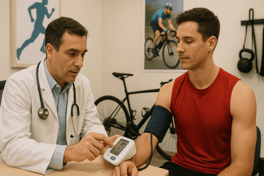 Sports physician reviewing digital blood pressure monitor results with a relaxed male athlete during a clinical exam, illustrating the question: Do athletes have different blood pressure.