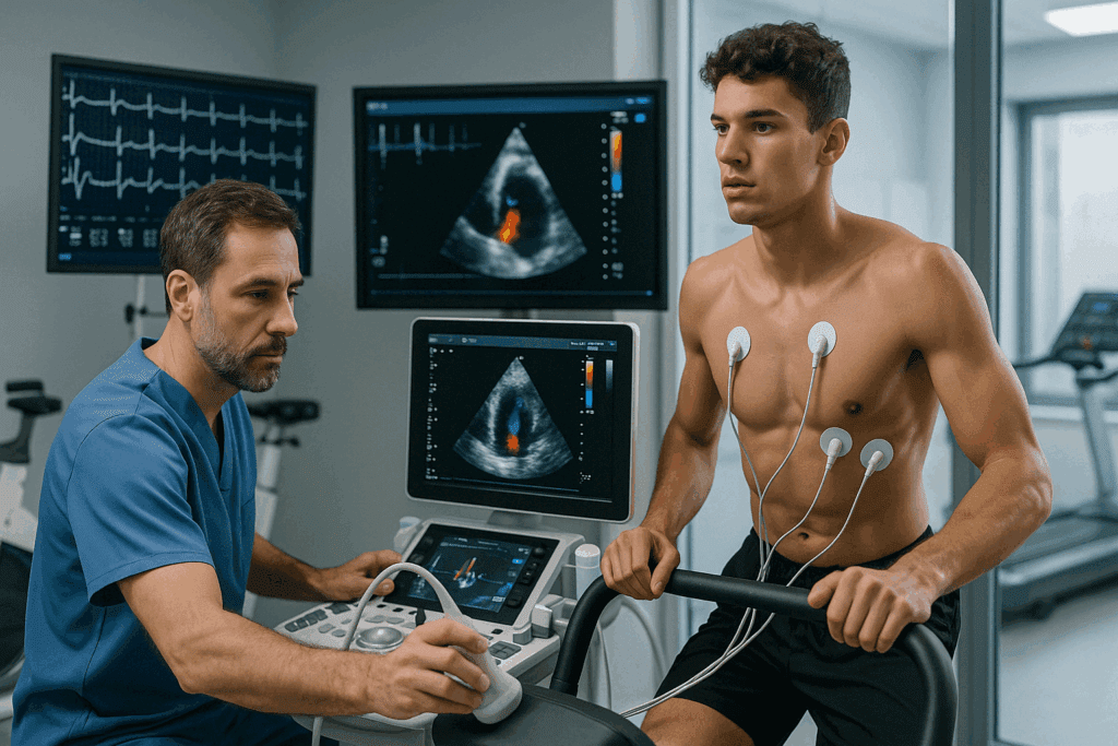 Sports cardiologist performing stress test on young athlete in a clinic, addressing the question: Do athletes have different blood pressure