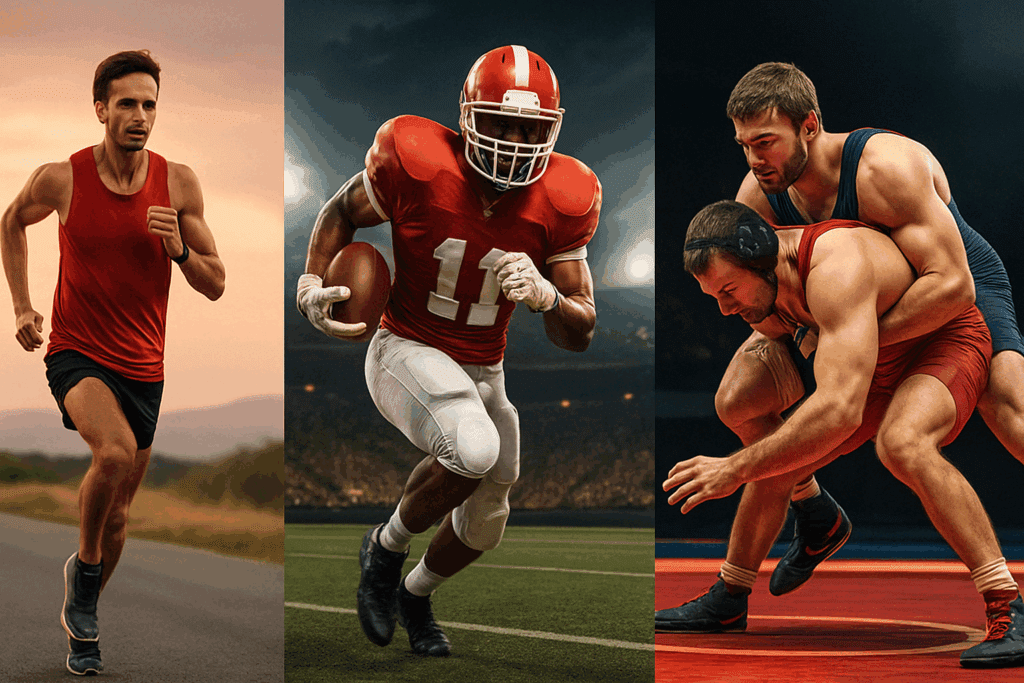 Collage showing a runner, football player, and wrestler in action to explore the question: Do athletes have different blood pressure by sport?