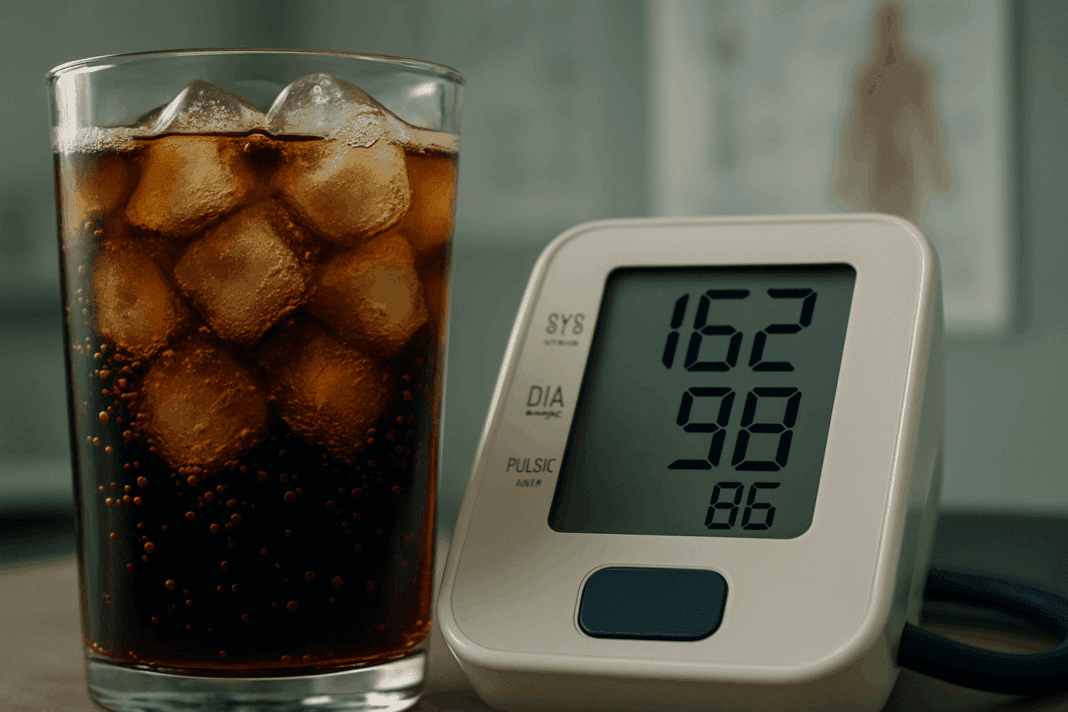 Glass of dark soda with ice beside a digital blood pressure monitor showing high readings, illustrating the question: does soda raise blood pressure