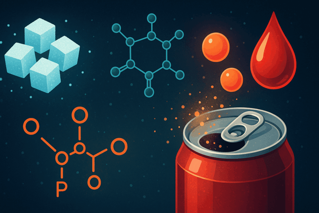 Visual breakdown of soda ingredients—sugar cubes, caffeine, sodium ions, phosphoric acid, and artificial color—highlighting what’s inside a soda can, prompting the question: does soda raise blood pressure