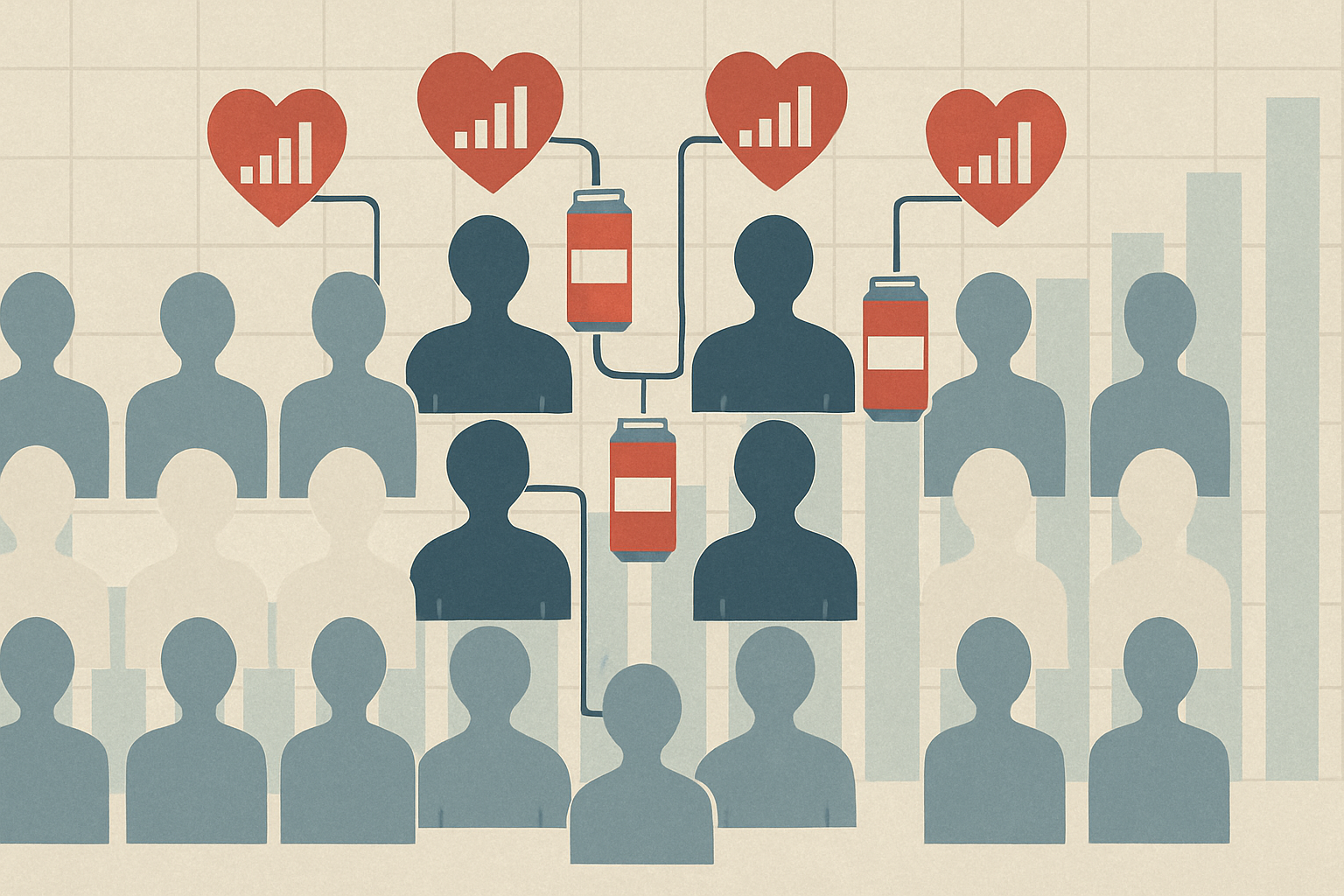 Conceptual illustration exploring the question does soda raise blood pressure, showing faceless people linked to soda cans and rising heart rate icons in a study-like setting