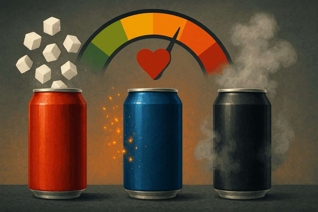 Three colorful soda cans emitting sugar, caffeine, and mist with a rising heart-health gauge, illustrating how soda consumption may affect cardiovascular health—addressing the question: does soda raise blood pressure.