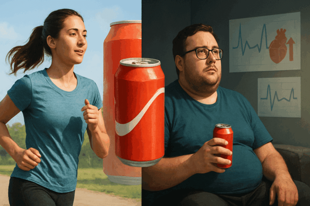 Split image showing a jogger outdoors and a sedentary man with high blood pressure, illustrating how lifestyle affects the answer to does soda raise blood pressure