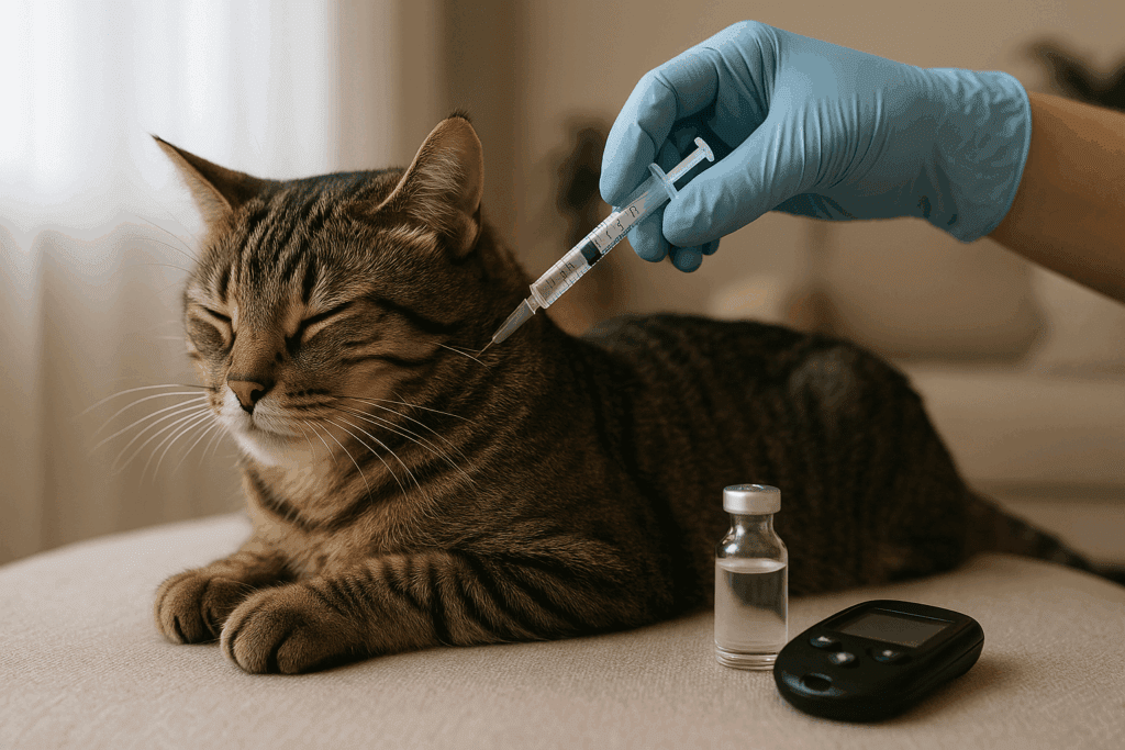 Gloved hand gently giving insulin injection to a relaxed cat at home, illustrating compassionate care for feline diabetes.