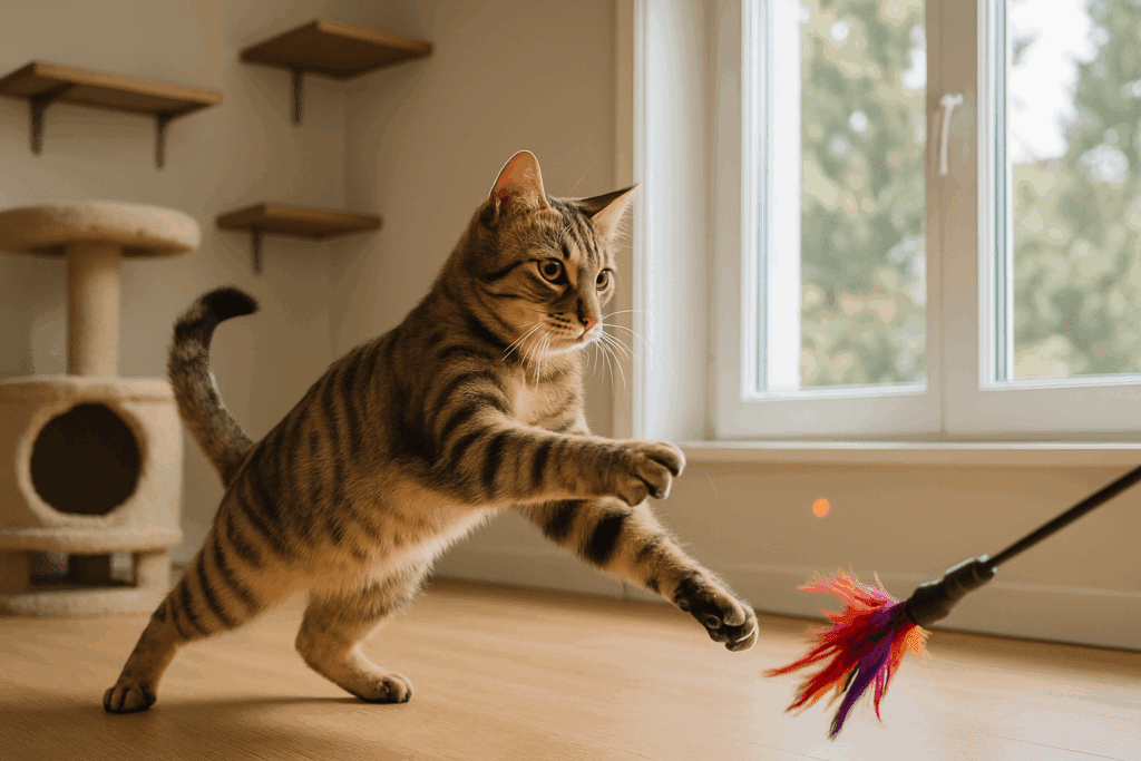 Playful indoor tabby cat mid-pounce chasing a feather toy, promoting exercise to help prevent feline diabetes.