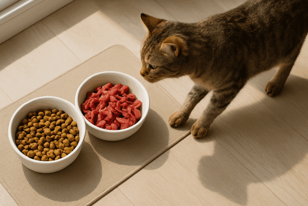 Tabby cat approaching a bowl of raw meat beside a kibble bowl, illustrating a high-protein diet recommended for managing feline diabetes
