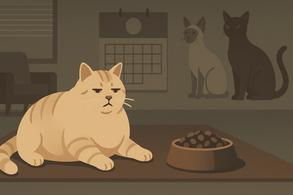 Overweight cat lounging indoors beside a full kibble bowl, with calendar and Siamese and Burmese cat illustrations in background—visualizing feline diabetes risk factors.