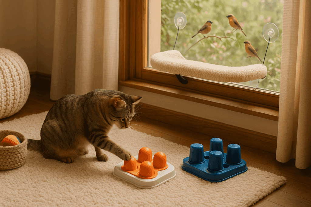 Tabby cat engaging with puzzle feeders on a soft rug near a window perch, promoting feline wellness through environmental enrichment.