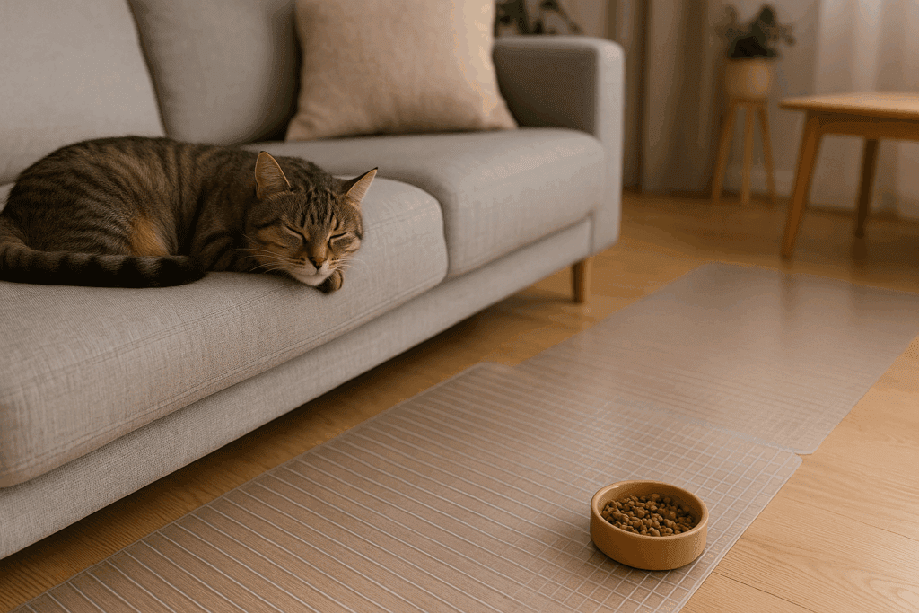 Tabby cat peacefully sleeping on a sofa in a stress-free living room with plastic carpet runners and a food bowl, promoting feline wellness