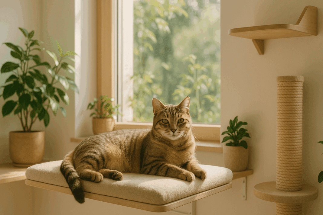 Healthy tabby cat lounging on a sunlit perch beside indoor plants and cat furniture, symbolizing feline wellness in a serene home.