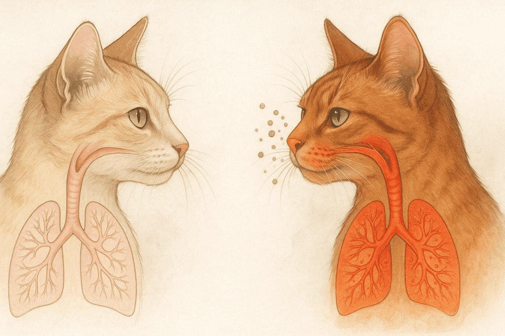 Side-by-side illustration of two cats showing healthy vs inflamed respiratory systems due to allergens from scented litter.