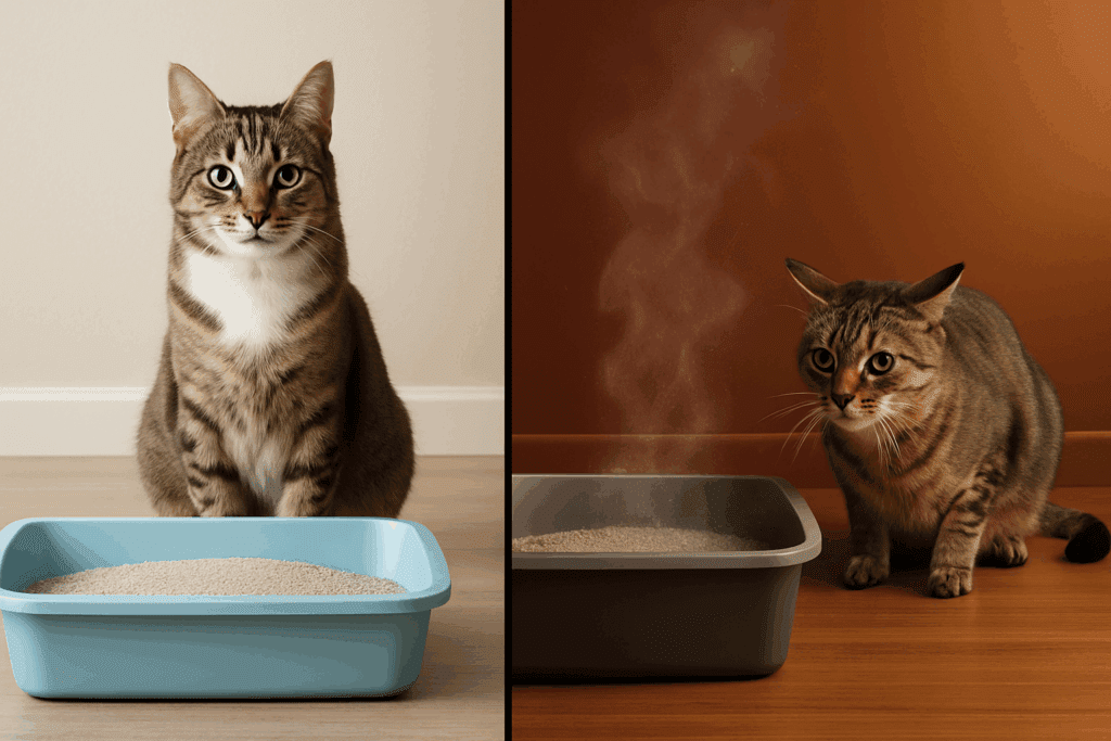 Split-screen showing a relaxed cat near an unscented litter box and a stressed cat avoiding a box emitting scented litter particles.