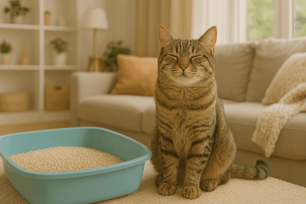 Content tabby cat sitting beside a teal litter box filled with scented litter in a cozy, sunlit living room.