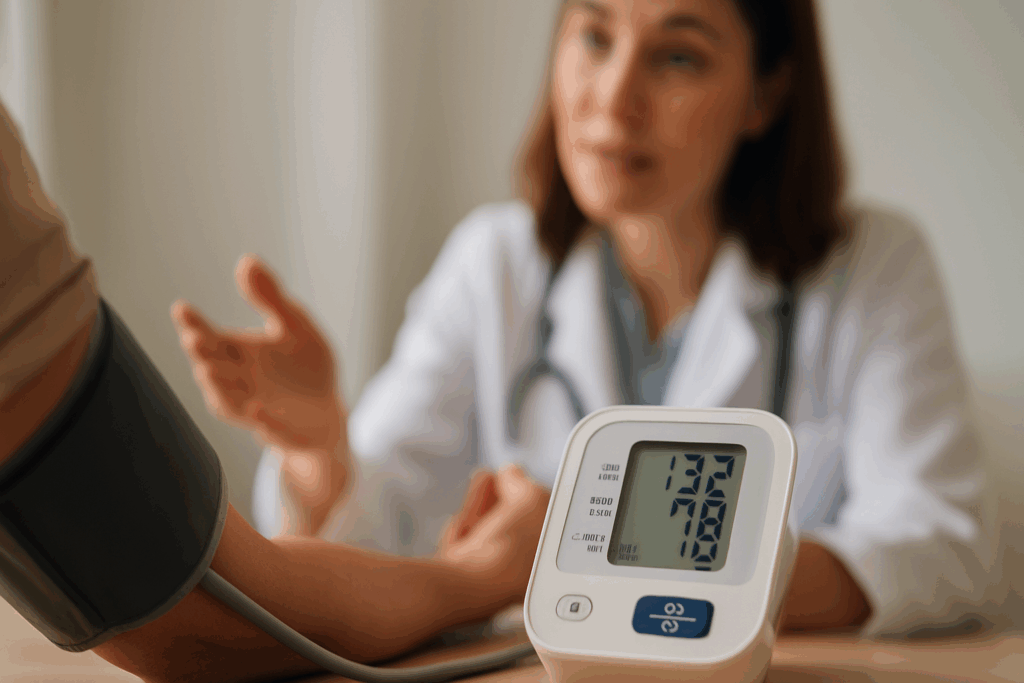 Healthcare professional explaining blood pressure monitor readings to a patient during a check-up, highlighting effective patient education for high blood pressure.