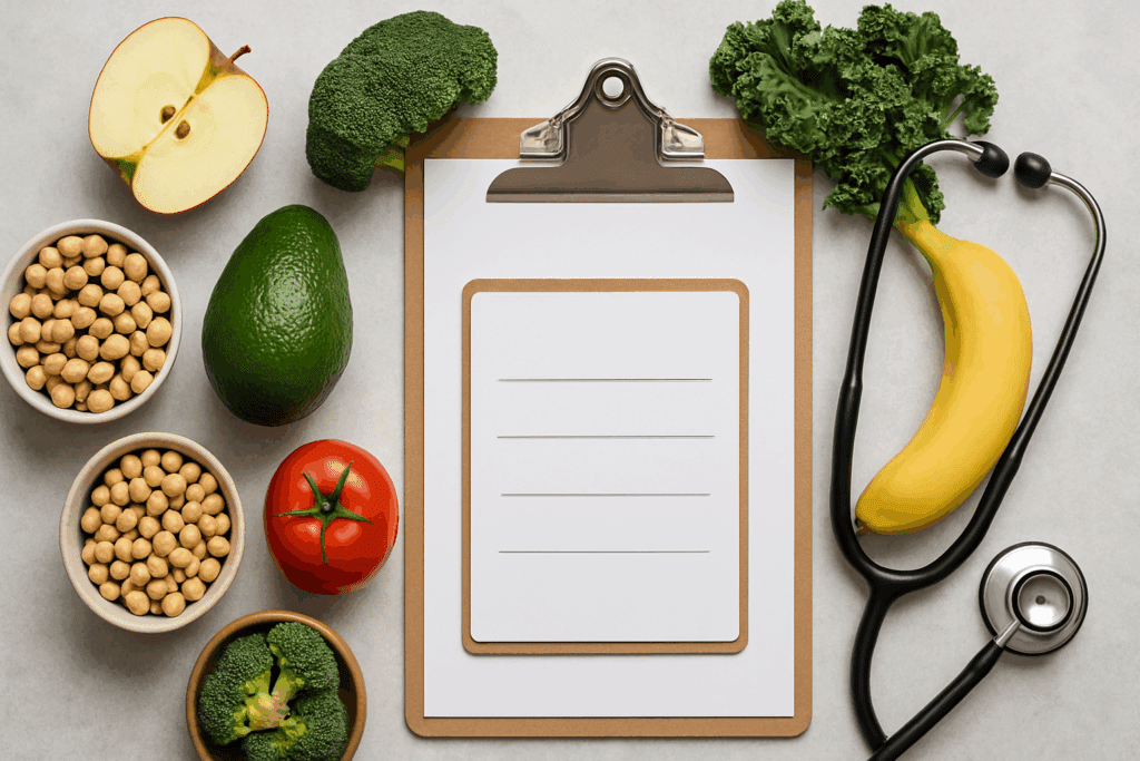 Personalized care plan on a clipboard surrounded by fruits, vegetables, and a stethoscope promoting Effective Patient Education for High Blood Pressure