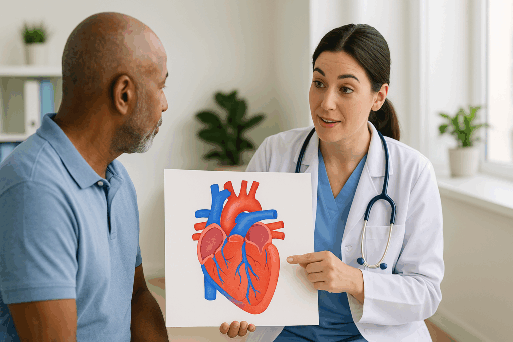 Healthcare provider using a colorful heart and blood vessel diagram to teach a patient, demonstrating Effective Patient Education for High Blood Pressure in a bright clinic room.