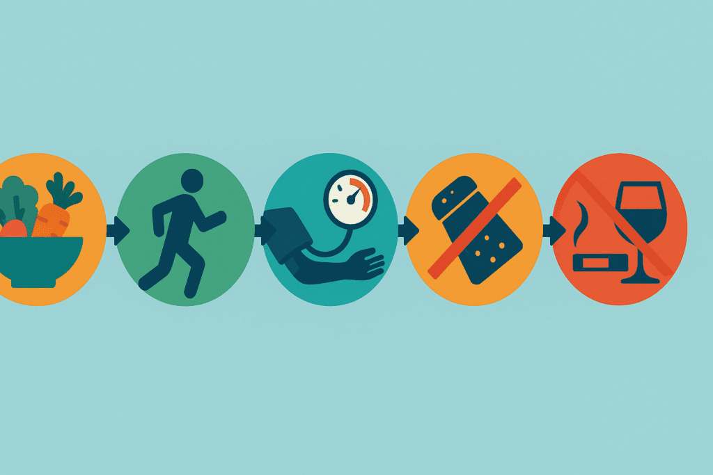 Infographic illustrating Effective Patient Education for High Blood Pressure with icons showing healthy eating, exercise, blood pressure monitoring, salt reduction, and avoiding alcohol and tobacco.