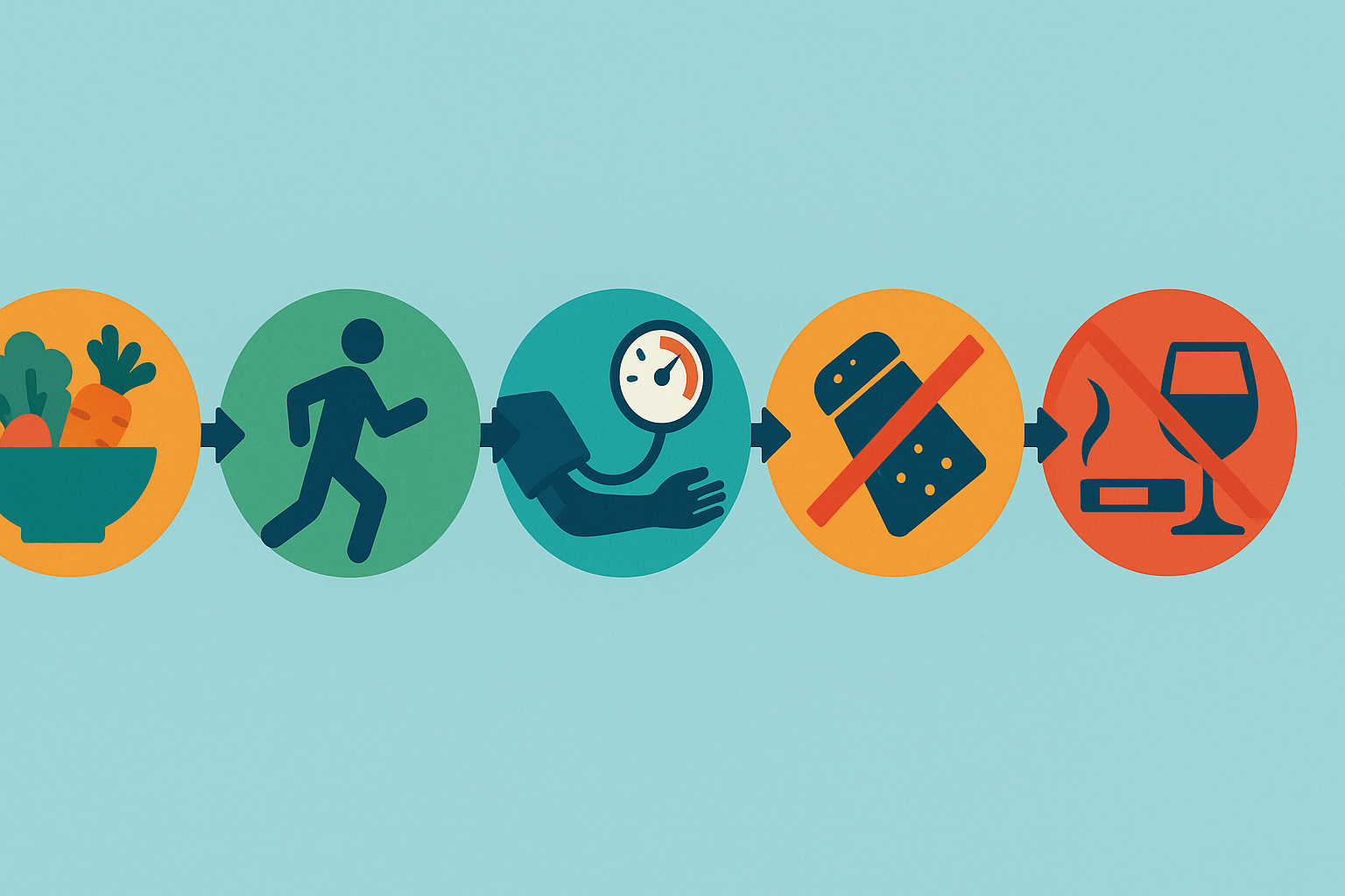 Infographic illustrating Effective Patient Education for High Blood Pressure with icons showing healthy eating, exercise, blood pressure monitoring, salt reduction, and avoiding alcohol and tobacco.