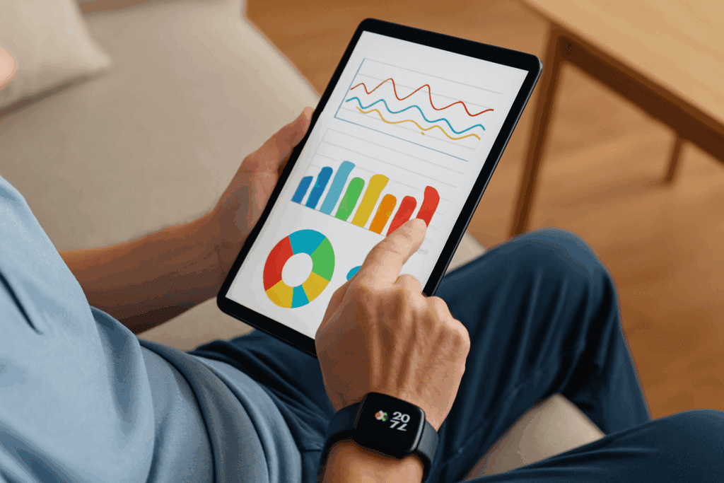 Patient using a tablet at home to view colorful health graphs with a smartwatch tracking metrics, illustrating Effective Patient Education for High Blood Pressure