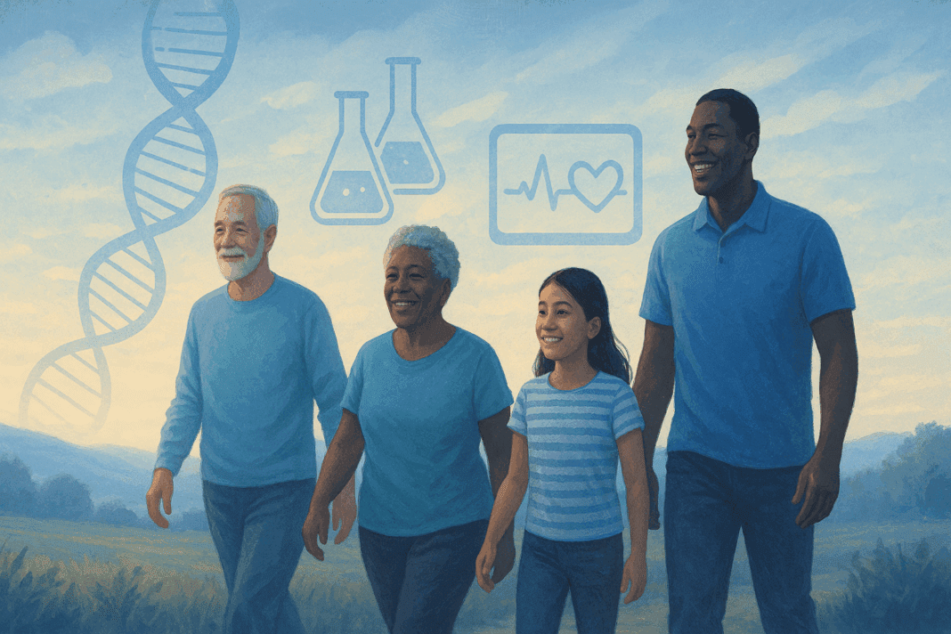 Diverse group of people walking through a scenic landscape with DNA strands and health icons in the background, symbolizing community support, innovation, and diabetes charities.