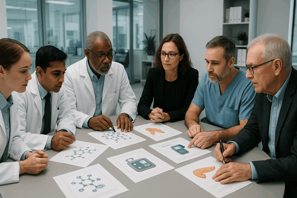 Doctors, scientists, and nonprofit leaders from diabetes charities reviewing molecular diagrams and insulin pump charts at a modern roundtable meeting.