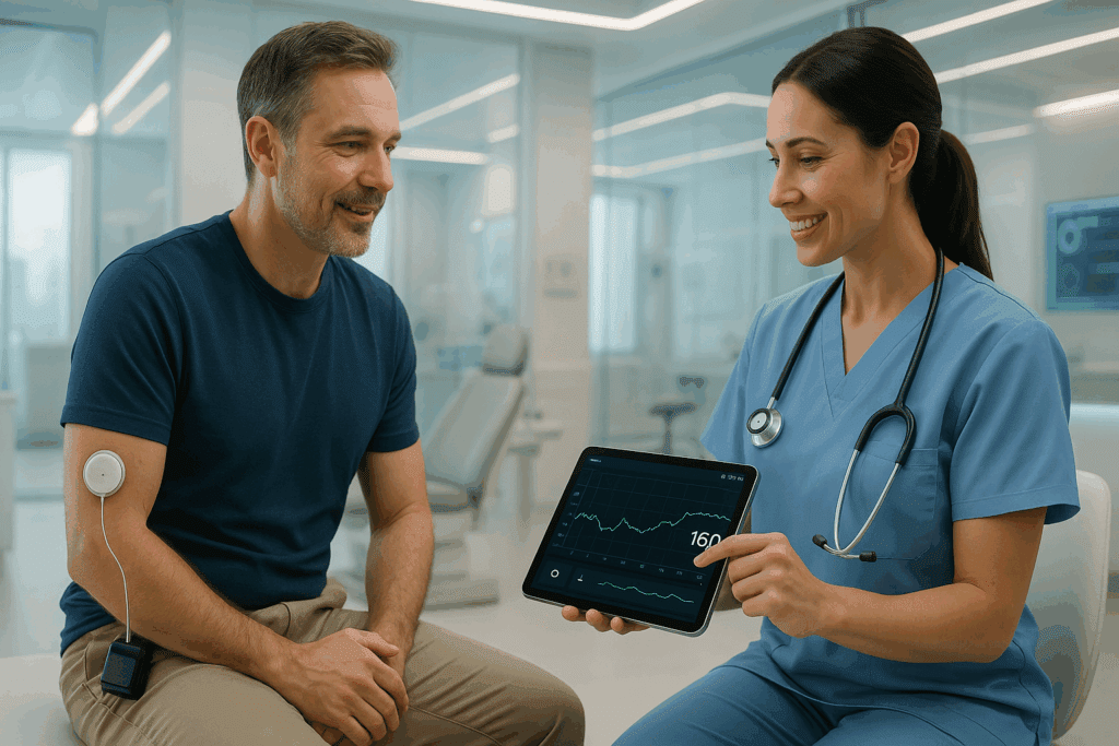 Patient with a wearable artificial pancreas reviews glucose data with a nurse in a high-tech clinic, supported by diabetes charities.