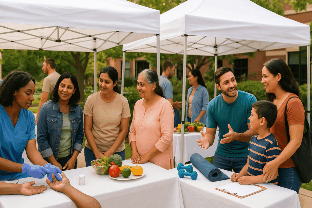 Volunteers from diabetes charities engage with multicultural families at an outdoor health fair booth offering free diabetes screening and wellness advice.